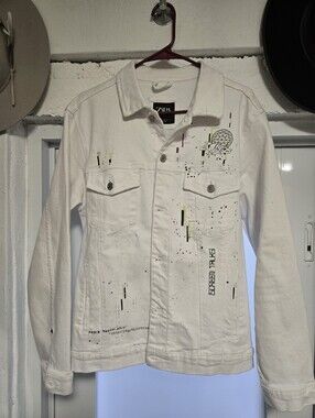 Zara White Denim Jacket with Neon Graphic Accents